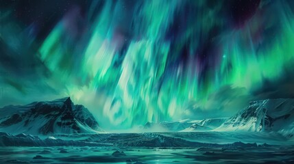 Naklejka premium An artist paints a canvas depicting northern lights dancing across cold winter skies, blending hues of green and purple in a celestial display.