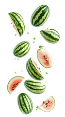 Falling Mini Watermelons isolated on white background, full depth of field, transparent png background