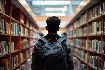 Back view of male student wearing backpack, standing in library, showcasing moment of reflection and preparation for an immersive study session, Generative AI