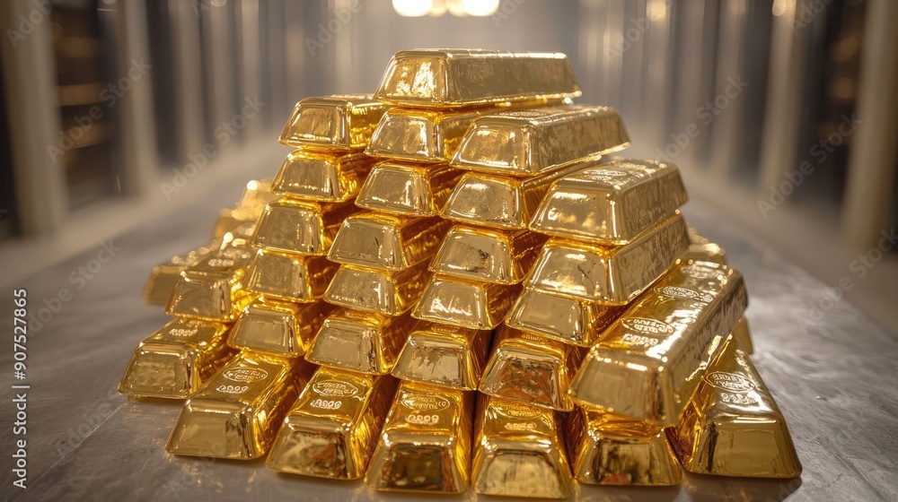 Poster illuminated wealth: neatly stacked shiny gold bars in dimly lit vault symbolizing security and prosp