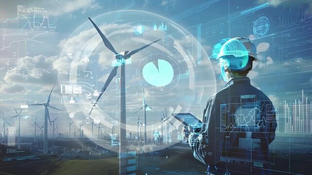 A high-tech scene with an engineer utilizing an AI hologram to oversee the performance of a wind turbine, emphasizing renewable energy.