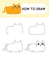 How to draw cat cartoon step by step for learning, kid, education, coloring book. Vector illustration