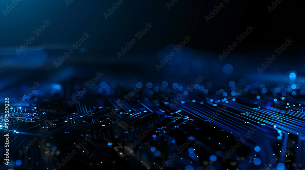 Aufkleber Abstract blue circuit board background with glowing dots and bokeh lights on dark black background, ideal for digital technology concept designs and modern electronic themes, highlighting connectivity