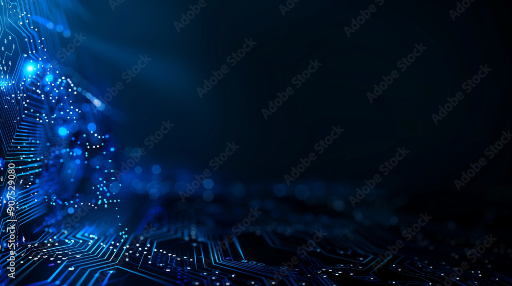 Aufkleber abstract blue circuit board background with glowing dots and bokeh lights on dark black background, 