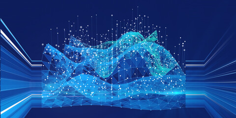 Abstract  background wavy graph wireframe from grid polygonal and blurred lines  on blue. Technology wireframe concept  virtual data analytical . Big Data. Banner for business, science and technology.