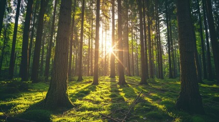 Sunlight Through the Trees in a Dense Forest.