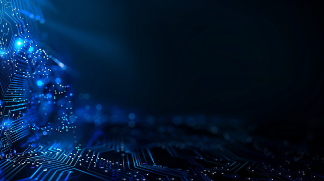 Abstract blue circuit board background with glowing dots and bokeh lights on dark black background, ideal for digital technology concept designs and modern electronic themes, highlighting connectivity