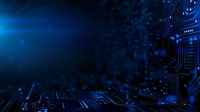 Abstract blue circuit board background with glowing dots and bokeh lights on dark black background, ideal for digital technology concept designs and modern electronic themes, highlighting connectivity
