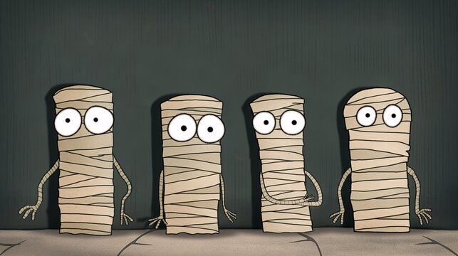 The Mummy Misfit Crew: Quirky cartoon mummies stand in a line, their googly eyes peering out from beneath their bandages, evoking a playful Halloween spirit. 
