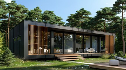 Modern Black Cabin in a Forest Setting