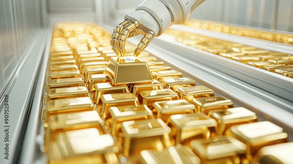 Poster secure wealth management: robotic arm depositing gold bars into advanced storage unit, generative ai