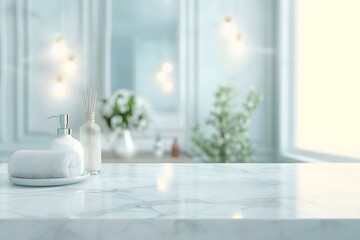 Serene bathroom scene with white towel and toiletries on a marble countertop.