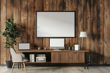Wooden business interior with pc computers and sideboard. Mockup frame, Generative AI