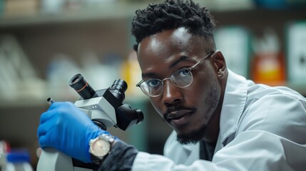 African American scientist using microscope in lab