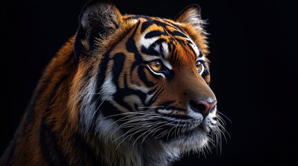 Fototapeta premium Close-up portrait of a tiger with intense gaze against a black background.