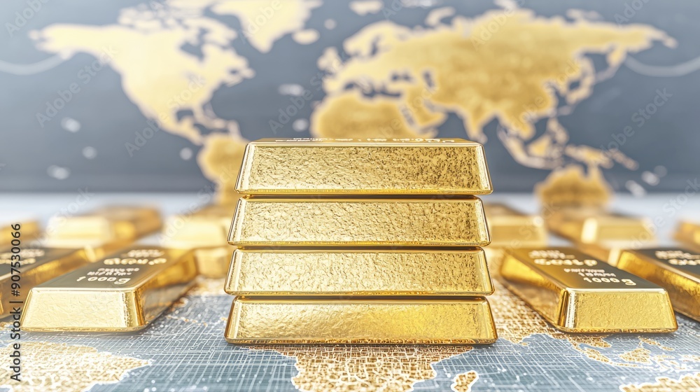 Poster global wealth distribution: gold bars in front of world map | investment concept with precious metal