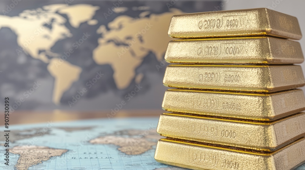 Poster global wealth distribution concept - stack of gold bars in front of world map, generative ai