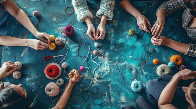 Group of women knitting with colorful yarn.