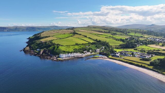 Aerial View of Glendun Cushendun on the Irish Sea Co Antrim Northern Ireland on a sunny day with a blue sky