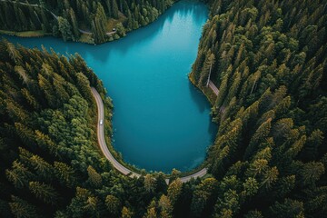 Obraz premium Aerial View of a Winding Road and Blue Lake Surrounded by a Forest