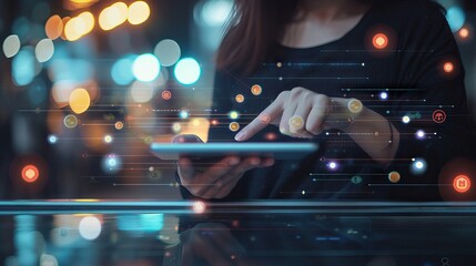 Digital online marketing and e-commerce sale concept with woman using tablet for payments and customer network connection on virtual hologram screen featuring m-banking and omnichannel technology