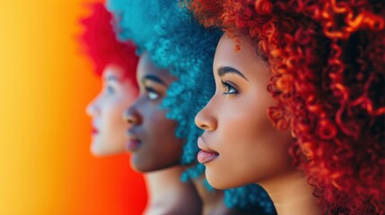 Fototapeta premium Three women with colorful hair stand side by side, looking ahead with determination. Their profiles are highlighted against a vibrant background.