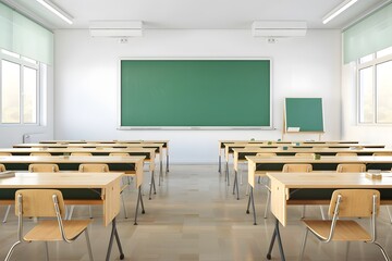 Empty classroom with wooden desks and green chalkboard.