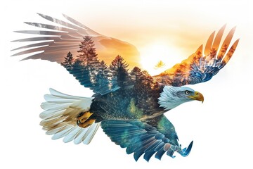 Obraz premium Majestic bald eagle flying with sunset forest double exposure