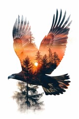 Fototapeta premium Majestic eagle soaring with sunset forest double exposure