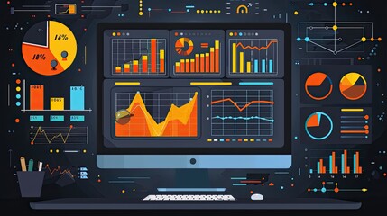 Analytics dashboard, performance metrics, flat design illustration