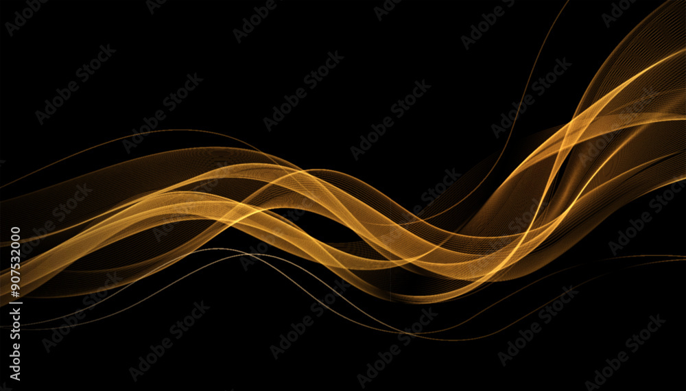 Wall mural abstract shiny gold wave design element on dark background.