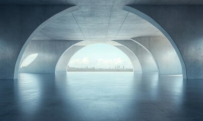 3d render of abstract futuristic glass architecture with empty concrete floor, Generative AI