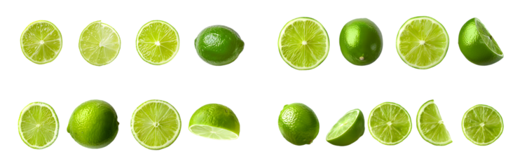 Whole and sliced limes isolated on a transparent background