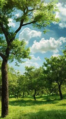 Fototapeta premium Lush green trees under a bright blue sky with white clouds.