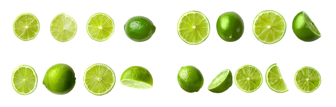 Whole and sliced limes isolated on a transparent background