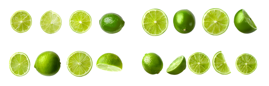 Whole and sliced limes isolated on a transparent background