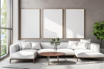 Bright living room interior with three empty white posters, Generative AI