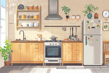 Beige kitchen interior with cooking space, fridge and kitchenware, Generative AI