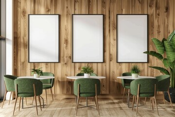 Modern cafe with green chairs, wooden wall panels, three empty frames, and white tables, light background. Cozy dining concept.  3D Rendering, Generative AI
