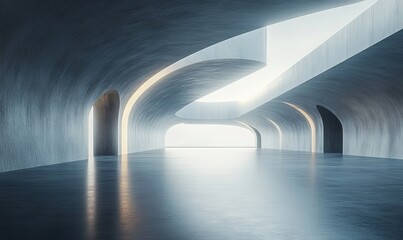 Fototapeta premium 3d render of abstract futuristic glass architecture with empty concrete floor, Generative AI