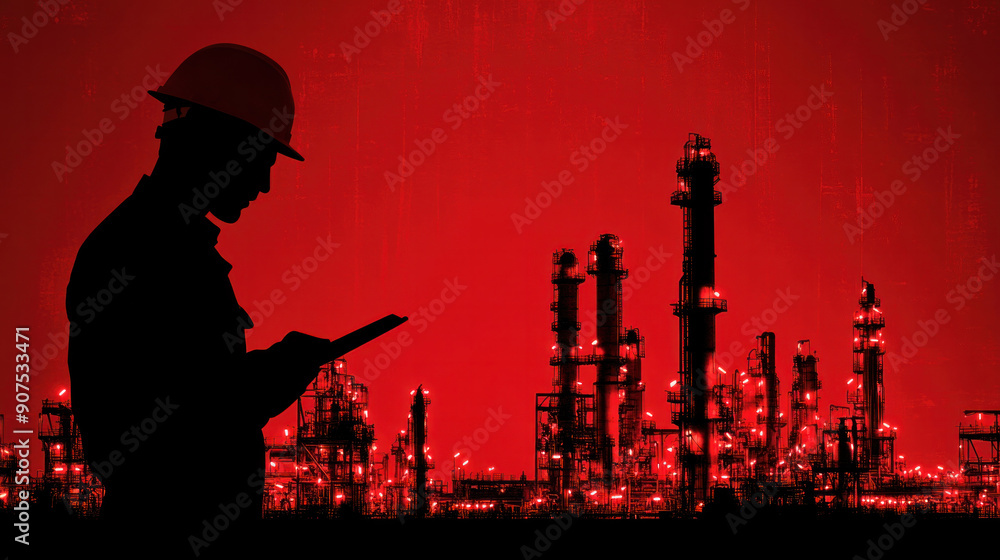 Poster a man in a hard hat is looking at a tablet while standing in front of a red background with a city s