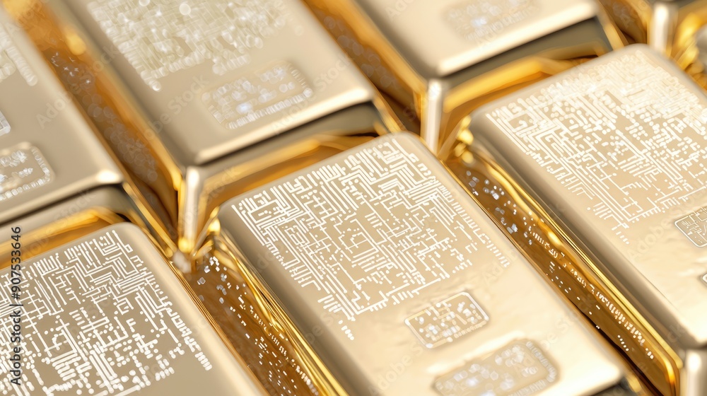 Poster golden fusion: intricate circuit patterns on shiny gold bars symbolizing traditional and digital wea