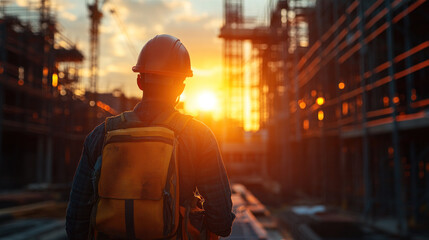 Naklejka premium A man wearing a hard hat and a yellow backpack is standing in front of a building. The sun is setting in the background, casting a warm glow over the scene. The man is a construction worker