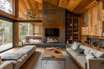 Wooden living room interior with fireplace and dining zone, shelf and window, Generative AI