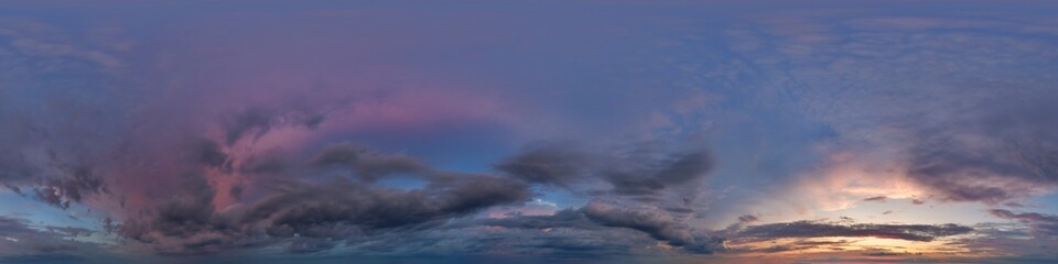 seamless hdri 360 panorama of dark blue sky after sunset with beautiful awesome clouds with zenith...