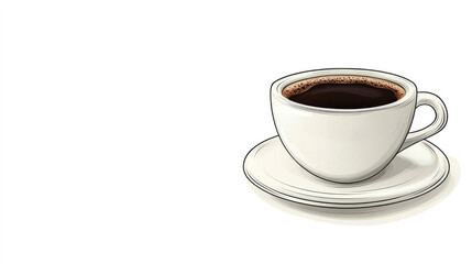 A coffee cup with a white saucer sits on a white background. Concept of calm and relaxation