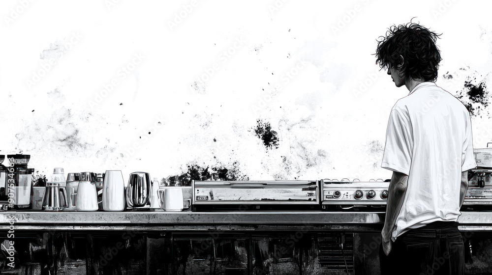 Poster a man stands in front of a counter with a coffee maker and a few cups. the counter is cluttered with
