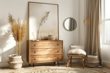 Light living room interior dresser and art decoration, mockup frames, Generative AI