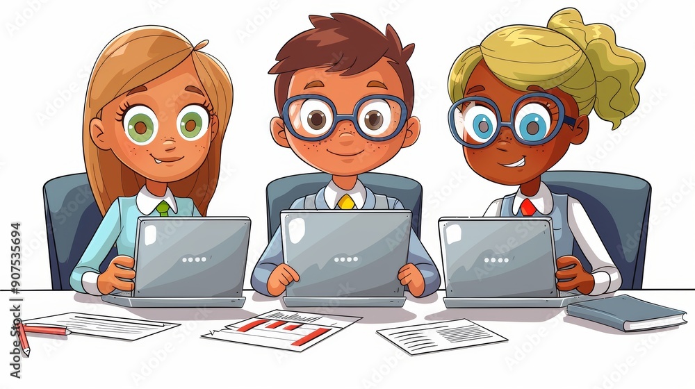 Poster cartoon vector accounting team collaborating on a project with laptops and papers