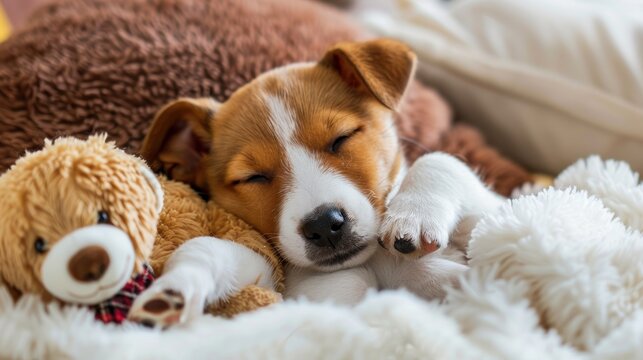 Adorable Puppy Sleeping with Stuffed Animal.